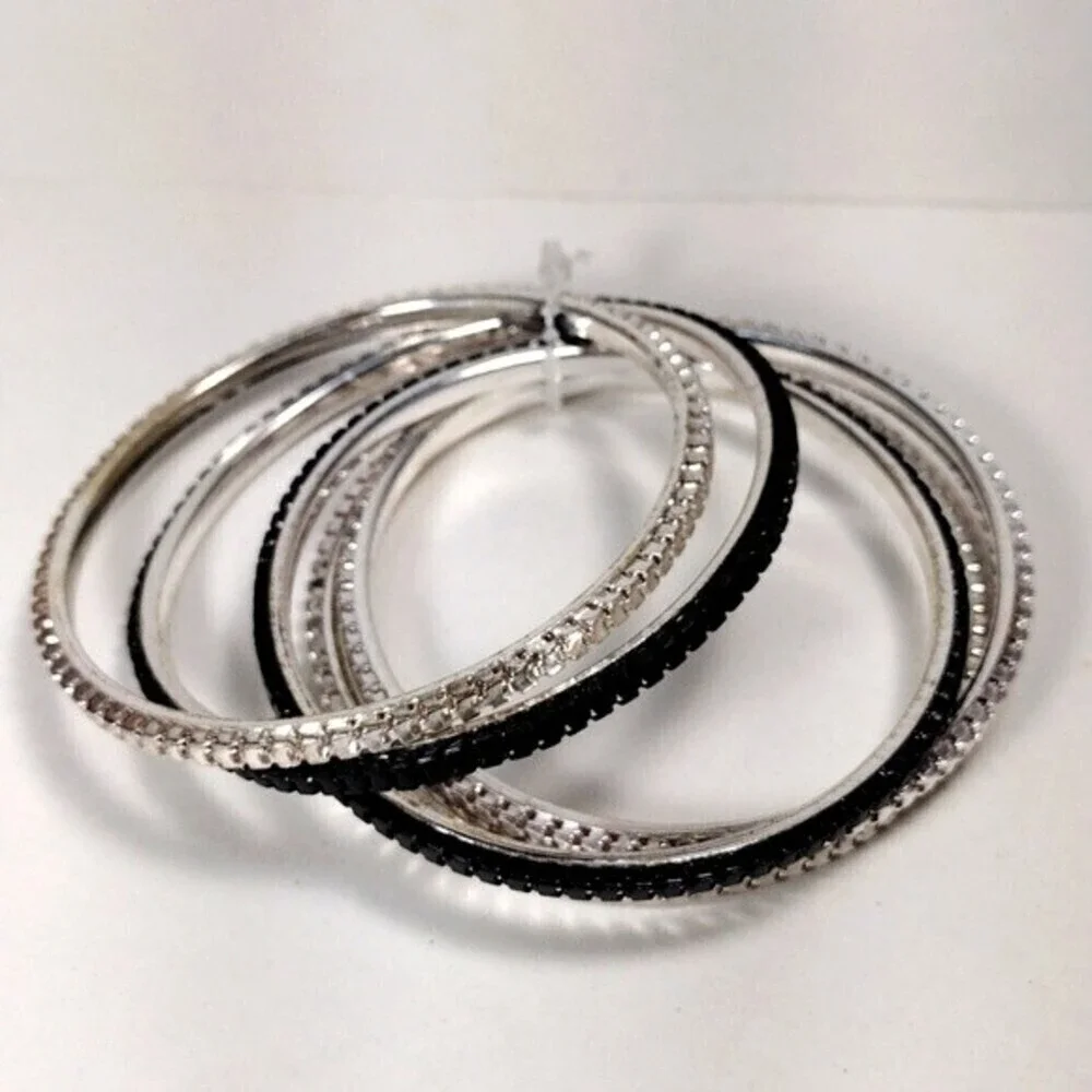 Set of 5 Silver-tone & Black Dainty Bangle Bracelets - Women's Fashion Jewelry